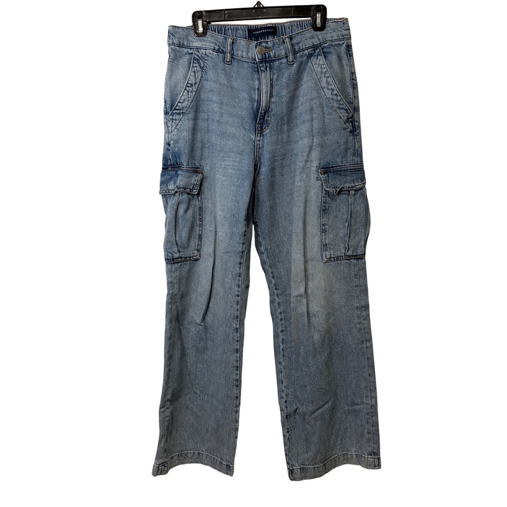 Aeropostale High Rise Wide Leg Cargo Jean Light Wash Blue Womens L Elastic Waist